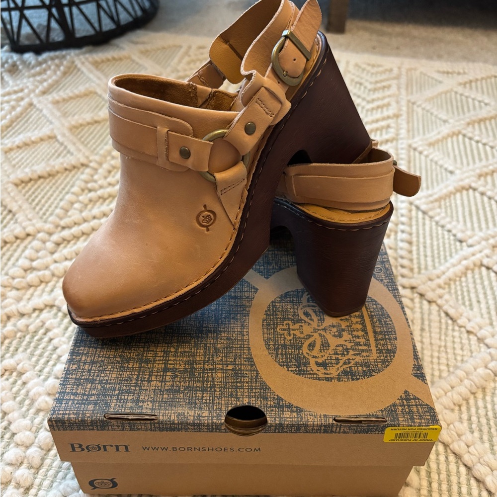 Born Tan Leather Platform Mules